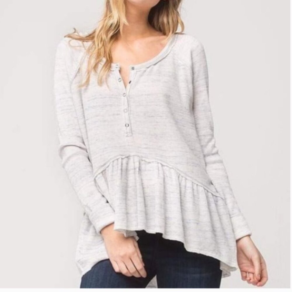 Free People We the Free Coastline Thermal Henley Peplum Tunic Top in a Gray/Blue